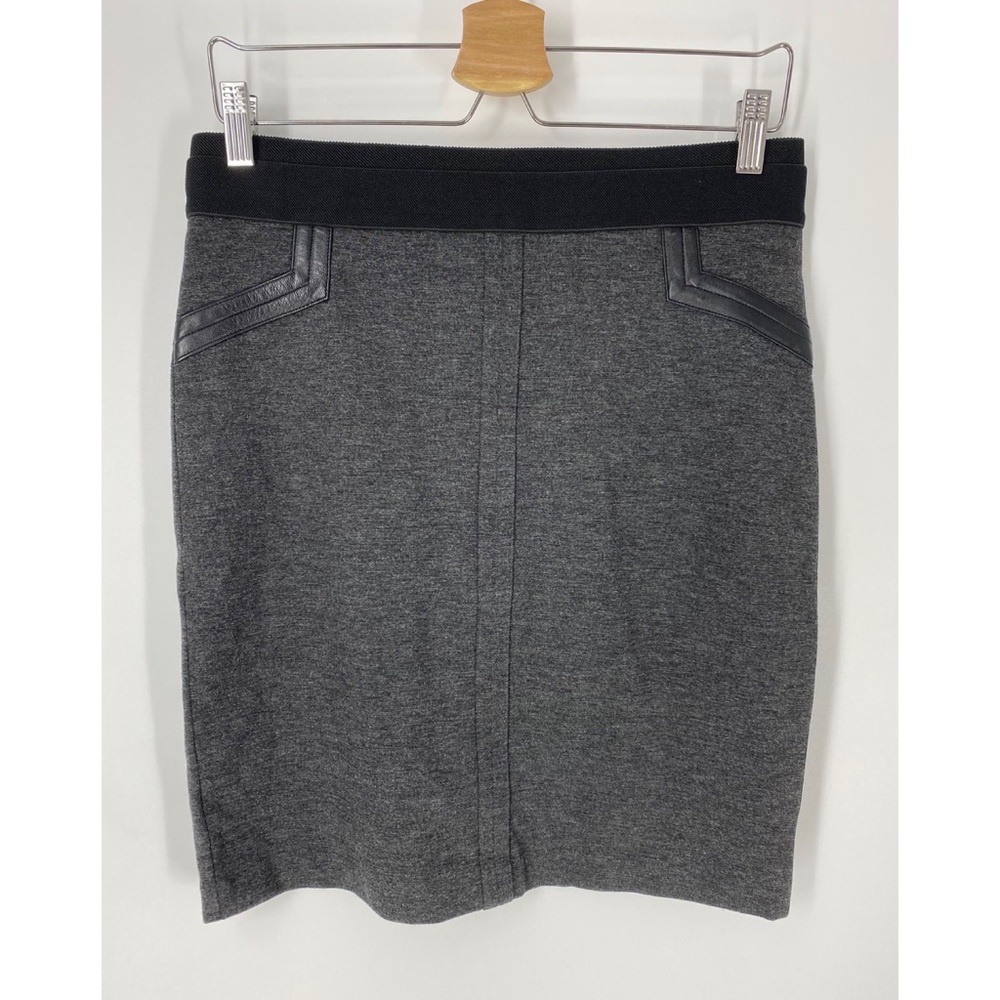 Kenneth Cole Gray Black Leather Piping Trim Midi Stretch Skirt